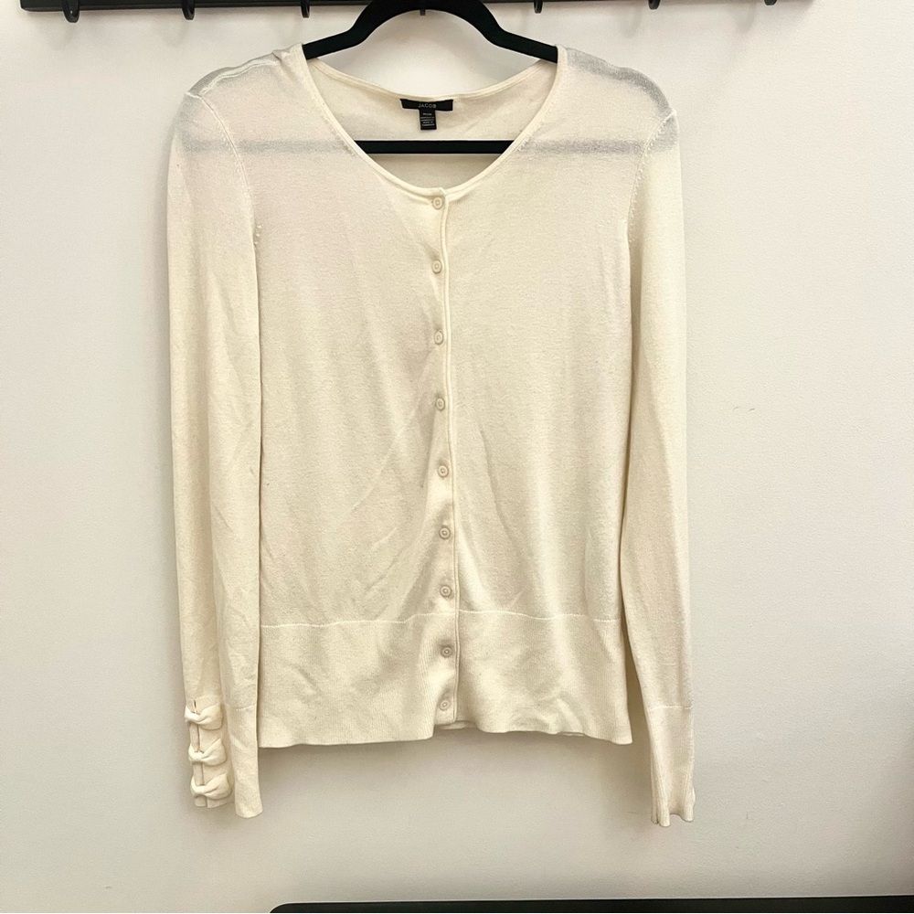 Jacob Light Weight Cream Ivory Knit Button Up Cardigan with Bow Detail M